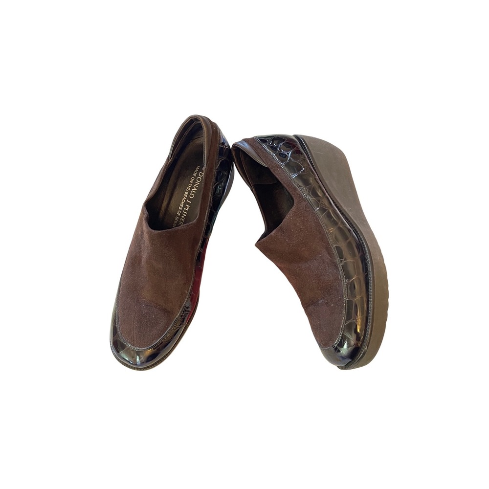 Donald J Pliner Brown Suede Croc Patent Leather Wedge Platform Loafers 8.5